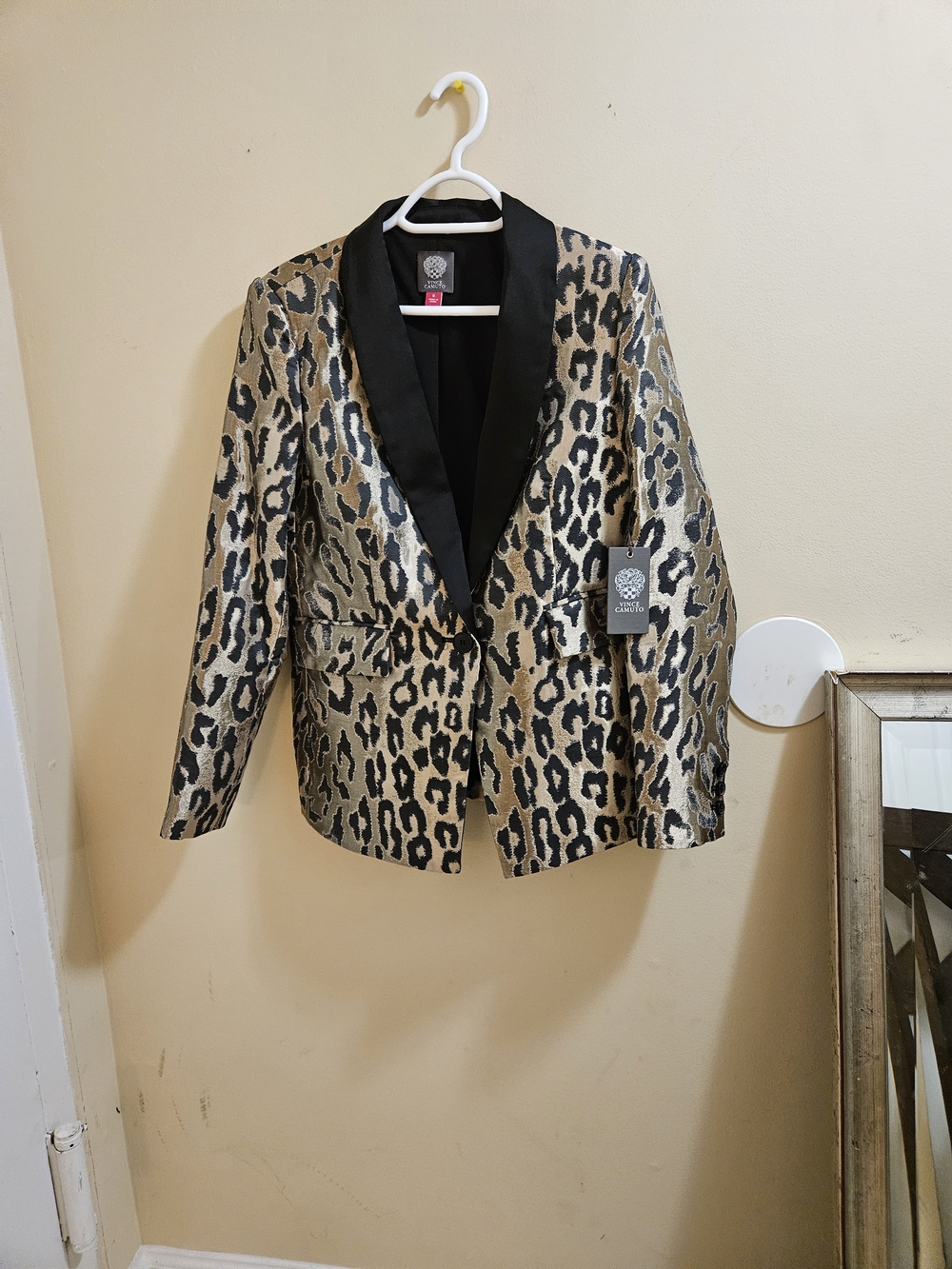 Vince Camuto Gold and Black Leopard-Print Satin-Lapel Blazer
